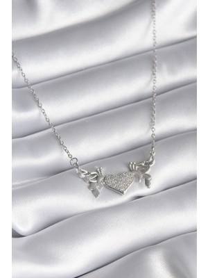 Inure Jewelry 316L Çelik Gümüş Renk Zirkon Taşlı Kanat Kalp Model Kadın Kolye