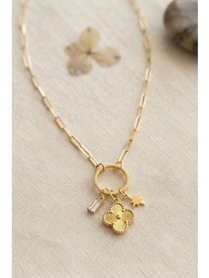 Inure Jewelry Gold Renk Ataç Zincir Yonca Model Kadın Kolye