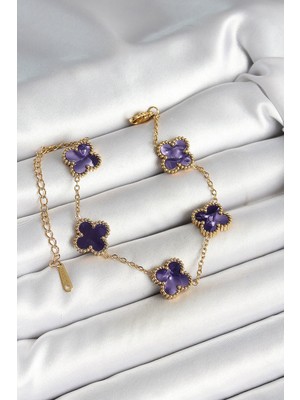 Inure Jewelry 316L Çelik Sedefli Mor Gold Renk Yonca Kadın Bileklik