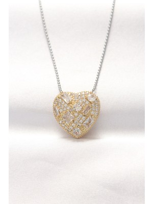 Inure Jewelry 316L Çelik Çift Renk Zirkon Taşlı Kalp Kolye