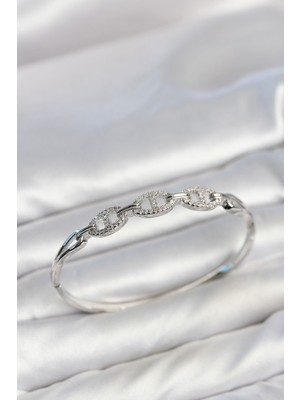 Inure Jewelry Gümüş Renk Gemi Zinciri Model Zirkon Taşlı Kadın Kelepçe Bileklik