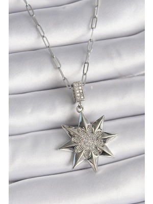 Inure Jewelry 316L Çelik Gümüş Renk Zirkon Taşlı Kutup Yıldızı Model Kadın Kolye