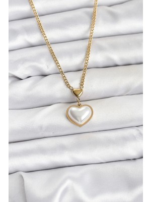 Inure Jewelry 316L Çelik Zincir Gold Renk Bombeli Kalp Model Kadın Kolye