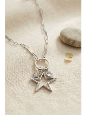 Inure Jewelry Gümüş Renk Ataç Zincir Yıldız Model Zirkon Taşlı Kadın Kolye