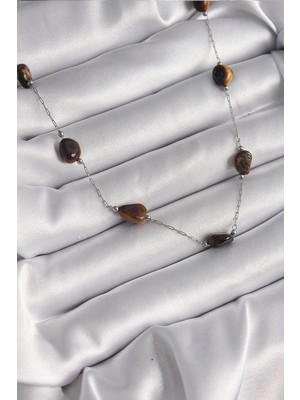 Inure Jewelry 316L Çelik Gümüş Renk Zincir Kahverengi Doğaltaş Model Kadın Kolye