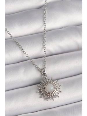 Inure Jewelry 316L Çelik Gümüş Renk Zincir Beyaz Mineli Güneş Model Kadın Kolye