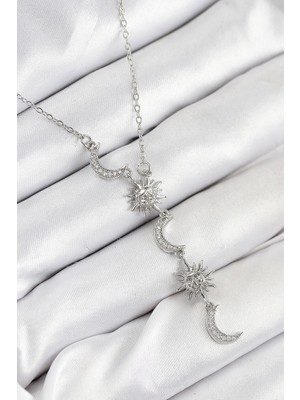Inure Jewelry 316L Çelik Zirkon Taşlı Güneş Ve Ay Model Gümüş Renk Kadın Kolye