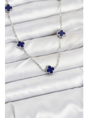 Inure Jewelry 316L Çelik Zincir Gümüş Renk Lacivert Baby Boy Yonca Kadın Kolye