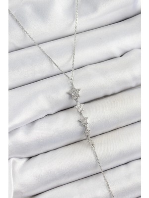 Inure Jewelry Pirinç Zirkon Taşlı Sıralı Yıldız Figürlü Y Model Gümüş Renk Kadın Kolye