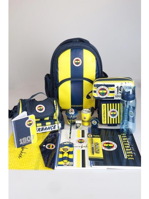 LİSANSLI FENERBAHÇE FULL KIRTASİYE OKUL SETİ ÇUBUKLU OKUL,3 BÖLMELİ BESLENME ÇANTASI VE KALEM ÇANTASI İLE 700 ML MATARA,BESLENME KABI