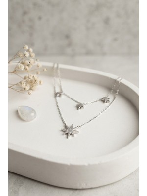 Inure Jewelry Pirinç Gümüş Renk Zirkon Taşlı Kutup Yıldızı Model 2'li Kadın Kolye