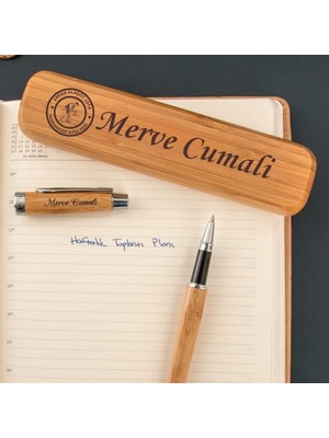 Hediye Vakti Kurumsal Firmalara Özel Logo Isim Yazılı Bambu Kutulu Kalem Seti