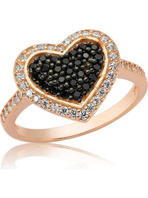 Inure Jewelry Gümüş Rose Siyah Taşlı Kalp Bayan Yüzük