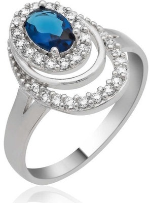Inure Jewelry Gümüş Mavi Taşlı Oval Bayan Yüzük