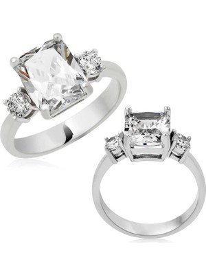 Inure Jewelry Gümüş Kare Montür Üç Taş Bayan Yüzük