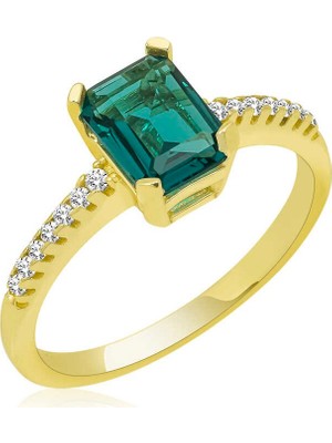 Inure Jewelry Gümüş Gold Yeşil Baget Taşlı Kadın Yüzük