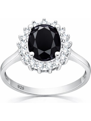 Inure Jewelry Gümüş Siyah Taşlı Oval Kadın Yüzük