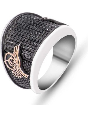 Inure Jewelry Gümüş Siyah Taşlı Tuğralı Erkek Yüzük