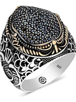 Inure Jewelry Gümüş Siyah Zirkon Taşlı Oval Erkek Yüzük