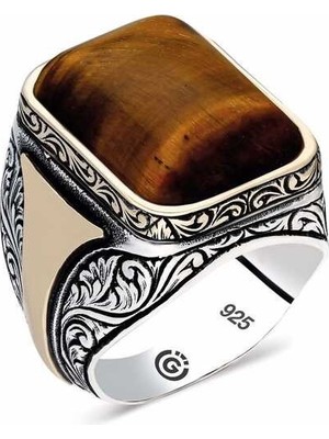 Inure Jewelry ​gümüş Kaplan Gözü Kare Erkek Yüzük