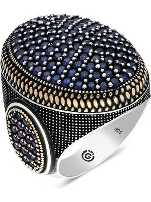 Inure Jewelry Gümüş Lacivert Zirkon Taşlı Oval Erkek Yüzük