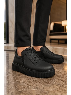 Mevese Dlob Erkek Bağcıklı Cilt Günlük Casual Spor Sneaker Ayakkabı - Siyah