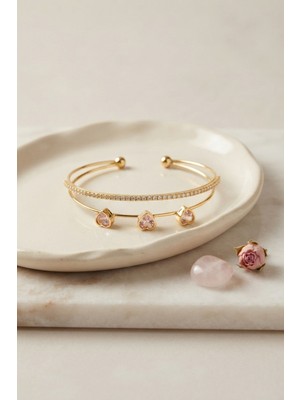 Getittir Pembe Kalp Model Zirkon Taşlı Gold Renk Kadın Bileklik - Lisinya