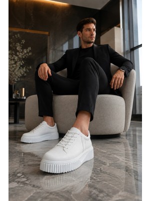 Mevese Dlob Erkek Bağcıklı Cilt Günlük Casual Spor Sneaker Ayakkabı - Beyaz