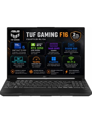 Asus TUF Gaming F16 FX607VJB-RL136-GAMING Intel Core 5 210H 16GB 512GB SSD RTX 3050 6GB 16" FHD+ (1920 x 1200) WUXGA 144Hz IPS Panel Freedos Taşınabilir Bilgisayar