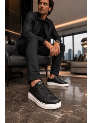 Mevese Tsoob Bağcıklı Cilt Erkek Günlük Rahat Taban Sneaker Ayakkabı - Siyah Beyaz