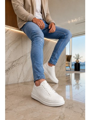 Mevese Tsoob Bağcıklı Cilt Erkek Günlük Rahat Taban Sneaker Ayakkabı - Beyaz