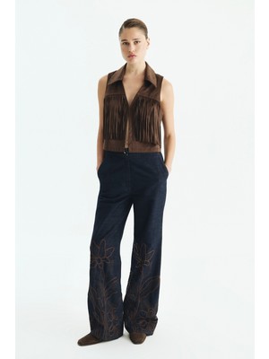 ROMAN Nakışlı Geniş Paça Denim Pantolon Lacivert KK012004_015