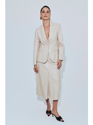 ROMAN Tek Çıtçıtlı Deri Blazer Ceket Krem KK016015_047