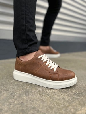 Mevese Tsoob Bağcıklı Cilt Erkek Günlük Rahat Taban Sneaker Ayakkabı - Taba Beyaz