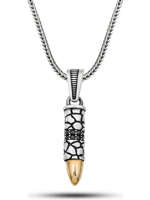 Inure Jewelry Gümüş Siyah Zirkon Taşlı Mermi Erkek Kolye