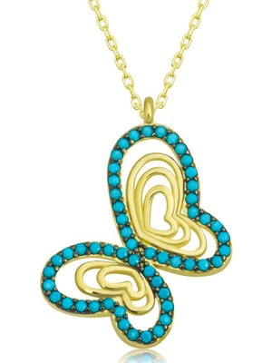 Inure Jewelry Gümüş Gold Turkuaz Taşlı Kelebek Kadın