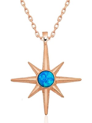 Inure Jewelry ​Gümüş Rose Mavi Opal Taşlı Kutup Yıldızı Kolye