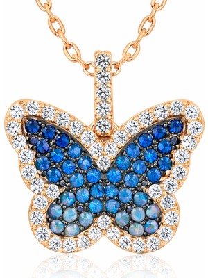 Inure Jewelry Gümüş Rose Mavi Kelebek Bayan Kolye