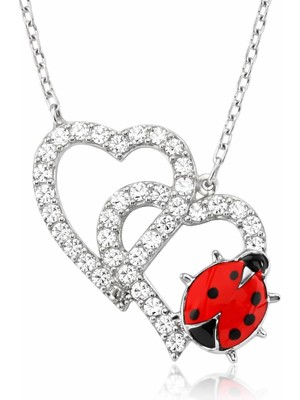 Inure Jewelry Gümüş Uğur Böcekli İkili Kalp Bayan Kolye