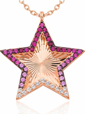 Inure Jewelry Gümüş Rose Pembe Fırfır Desenli Yıldız Bayan Kolye