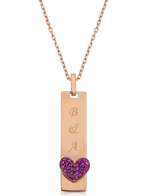 Inure Jewelry Gümüş Rose Kalpli Plaka Kolye