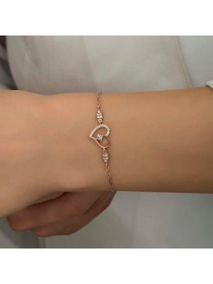 Inure Jewelry Gümüş Rose Kalpli Tektaş Kadın Bileklik