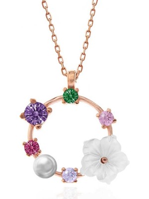 Inure Jewelry Gümüş Rose Renkli Taşlı Manolya Çiçeği Kadın Kolye