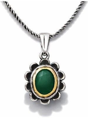 Inure Jewelry Gümüş Yeşil Çiçek Desenli Otantik Kadın Kolye