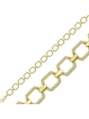 Inure Jewelry Gümüş Gold Kare Taşlı Kadın Bileklik