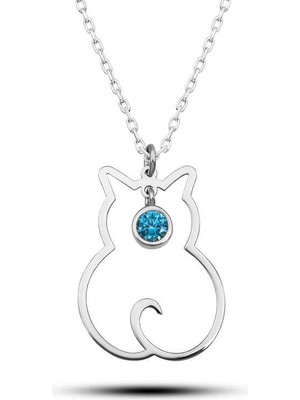 Inure Jewelry Gümüş Aralık Ayı Doğum Taşı Kedi Kadın Kolye