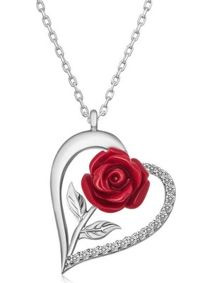 Inure Jewelry ​Gümüş Kalpli Kırmızı Gül Kadın Kolye