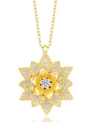 Inure Jewelry Gümüş Gold Beyaz Taşlı Lotus Çiçeği Kadın Kolye