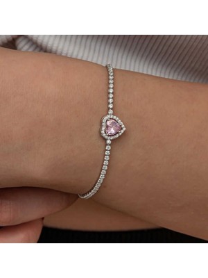 Inure Jewelry Gümüş Pembe Taşlı Kalpli Su Yolu Bileklik