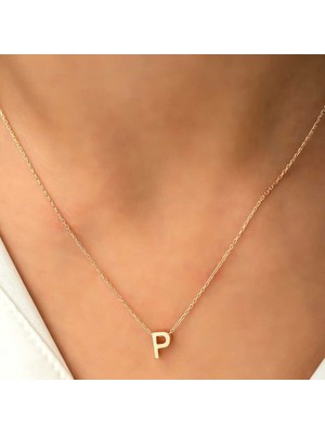 Inure Jewelry Gümüş Gold 3 Boyutlu P Harf Bayan Kolye